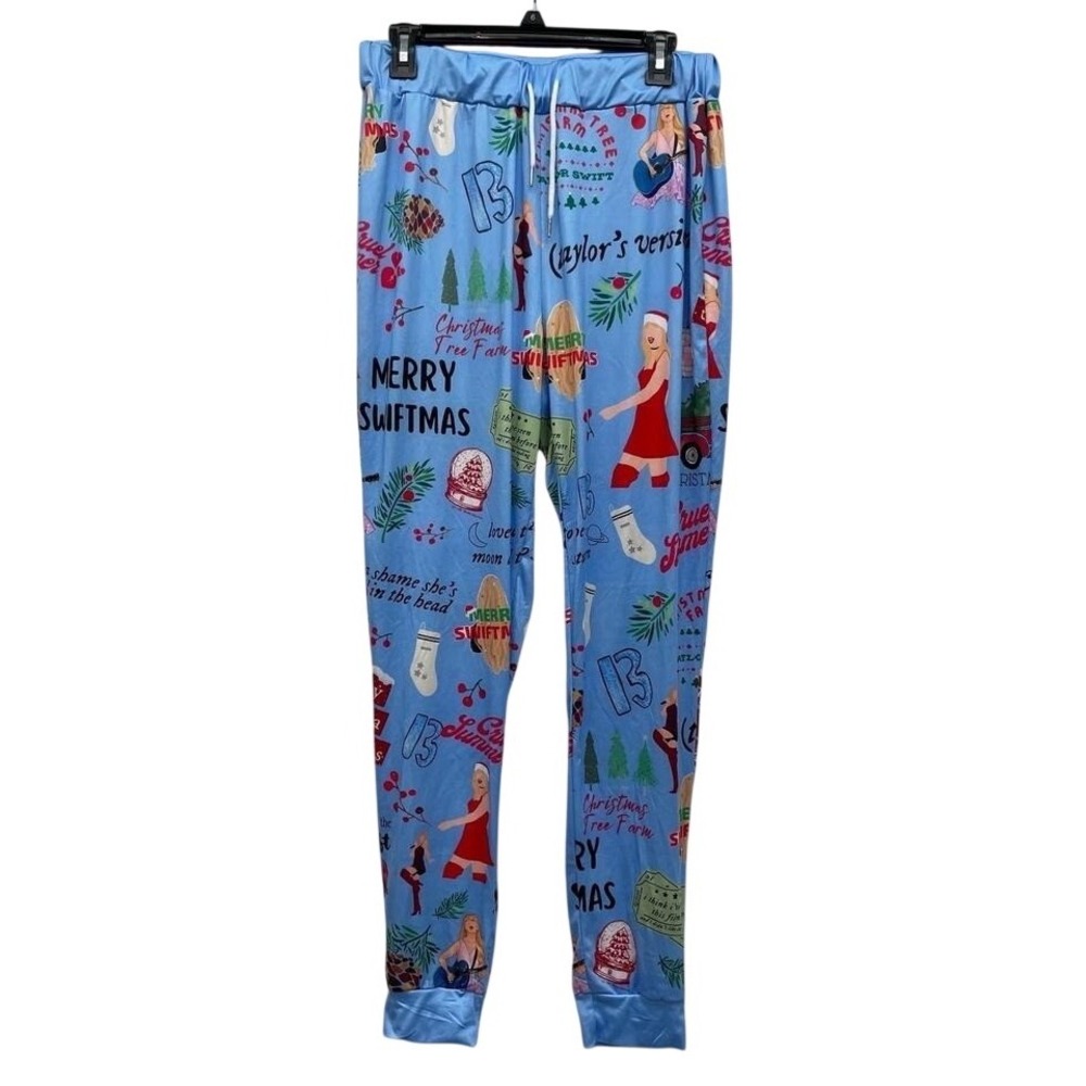 Christmas Pajama Pants Womens‎ medium Blue Holiday Jogger Lounge Swift Theme